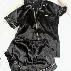Black Satin Pajama Set with Gold Trim